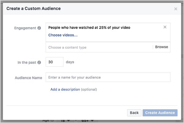 Индивидуальная аудитория Facebook на основе просмотров видео за 30 дней.