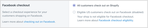 В Shopify выберите способ оформления заказа для ваших клиентов, совершающих покупки на Facebook.