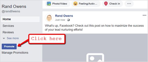 Перейдите на свою страницу в Facebook и нажмите кнопку «Продвигать» под вкладками навигации.