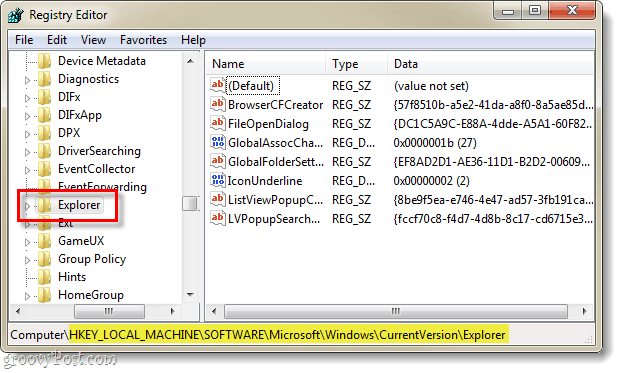 найти ключ реестра, относящийся к текущей версии проводника, в реестре Windows 7