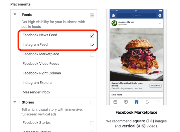 Размещение новостной ленты Facebook и ленты Instagram, выбранных на уровне набора объявлений в Facebook Ads Manager