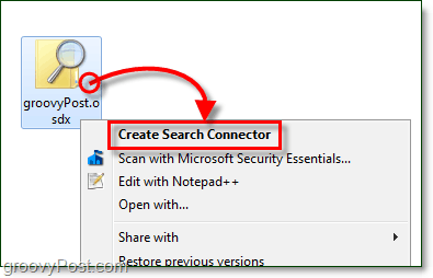 щелкните правой кнопкой мыши на рабочем столе, затем выберите файл osdx, который является поисковым соединителем, а затем нажмите «Создать соединитель поиска для Windows 7».