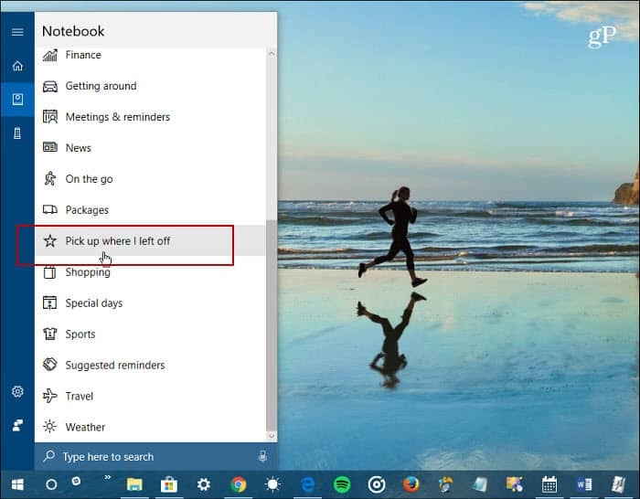 Cortana Notebook Возьмите, где я остановился