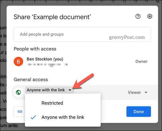 Установить разрешения общего доступа для Документов Google