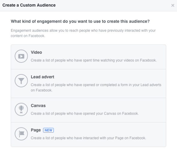 Facebook позволяет вам создать четыре индивидуальные аудитории на основе вовлеченности.