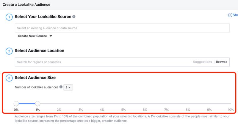 Создайте окно настройки Lookalike Audience в Facebook Audiences