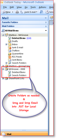 В папке «Входящие» Outlook 2007 отображается файл личных данных .PST на панели навигации:: groovyPost.com