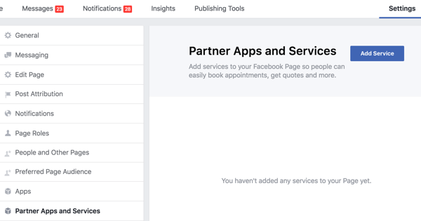 Нажмите «Партнерские приложения и службы» в настройках своей страницы Facebook.