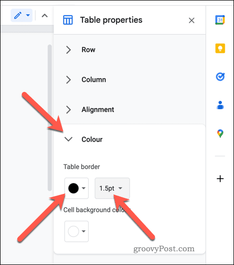 Установите свойства границы таблицы в Документах Google