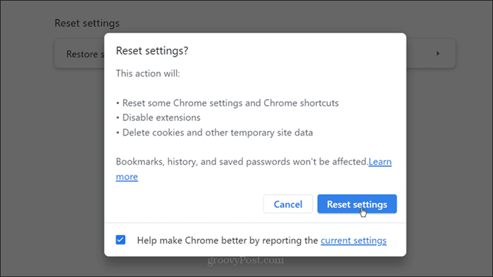 Сброс настроек Chrome подтверждение