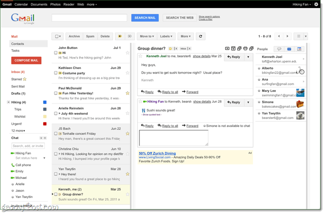 Gmail Labs: новая панель чтения, как в Outlook