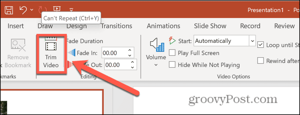 кнопка обрезки видео в PowerPoint Mac