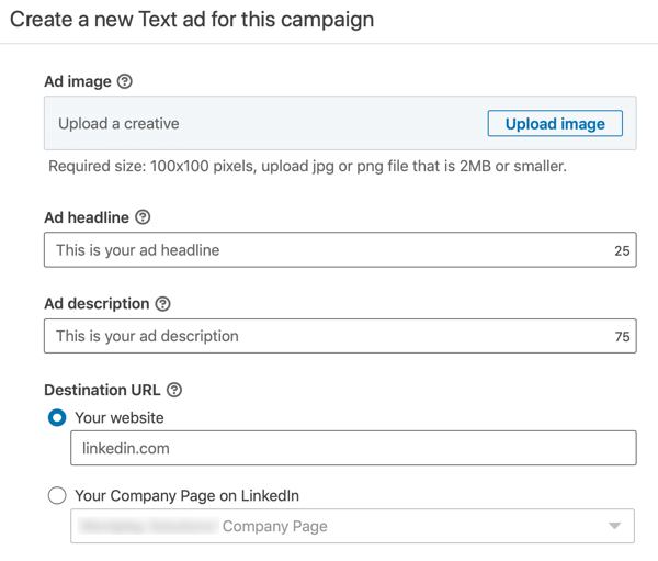 Как создать текстовое объявление LinkedIn, шаг 12, настройки текста объявления