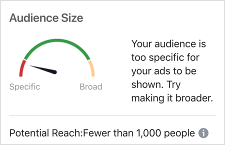 Сообщение о размере аудитории Facebook: ваша аудитория слишком специфична для показа вашей рекламы.
