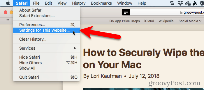 Выберите Настройки для этого сайта в Safari для Mac