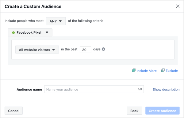 Настройки по умолчанию для создания индивидуальной аудитории сайта Facebook.
