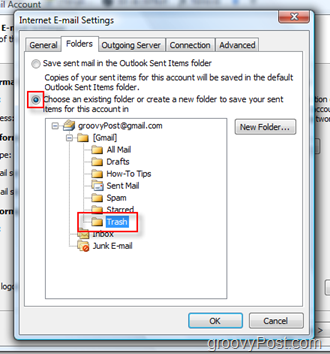 Настройка папки SEND Mail для учетной записи iMAP в Outlook 2007:: Выберите папку для мусора