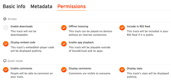 Проверьте вкладку «Разрешения», чтобы убедиться, что ваш аудиофайл включен в RSS-канал SoundCloud.
