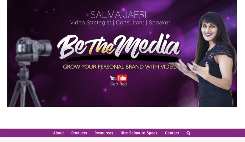 скриншот веб-сайта Сальмы Джафри, где указано, что она является медиа-брендом