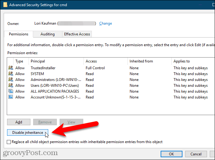 Нажмите Отключить наследование в диалоговом окне Дополнительные параметры безопасности в реестре Windows.