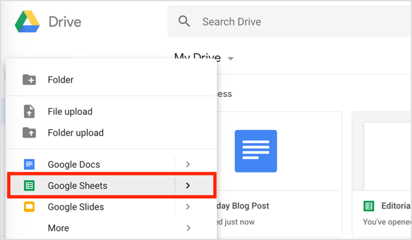 Нажмите кнопку «Создать» слева и выберите в раскрывающемся меню Google Таблицы.