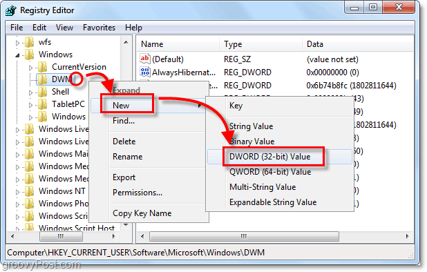 создать новый ключ dwm dword в windows 7
