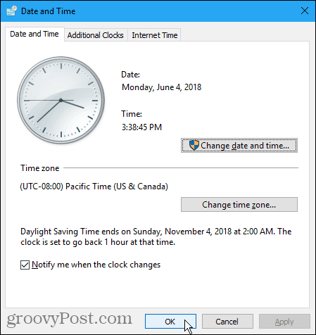 Диалоговое окно даты и времени в Windows