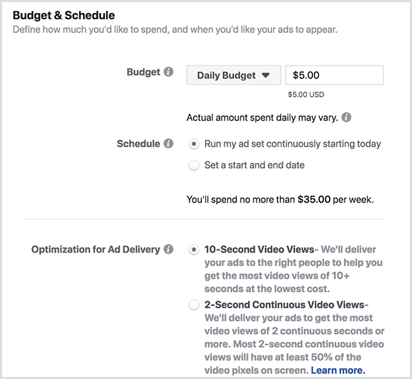 Параметры рекламного бюджета и расписания Facebook включают ежедневный бюджет и 10-секундные просмотры.