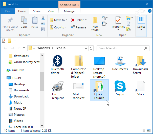 Добавьте панель быстрого запуска в Windows 10 «Контекстное меню« Отправить »»