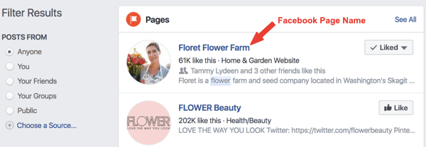 Пример страницы Facebook под названием Floret Flower Farm в результатах поиска.