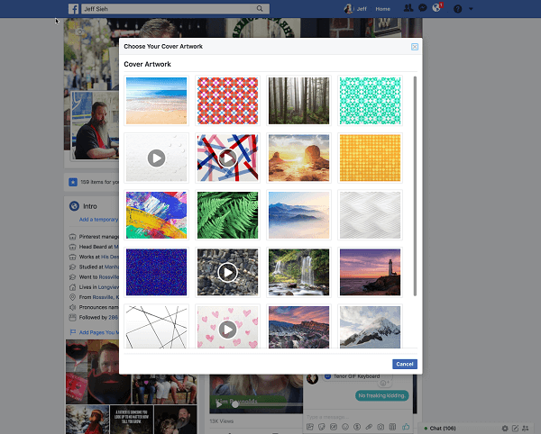 Facebook теперь позволяет пользователям выбирать видео для изображения обложки профиля из библиотеки Artwork. 
