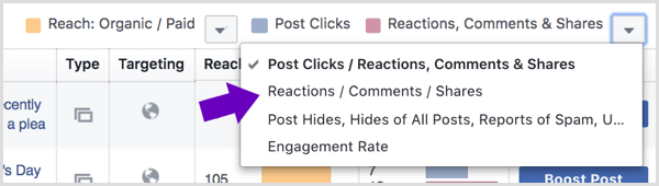 Щелкните стрелку рядом с надписью «Реакции, комментарии и публикации» на странице «Статистика страницы Facebook».