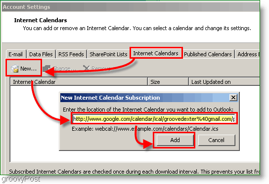 Скриншот календаря Outlook 2007 - Добавить Интернет-календарь