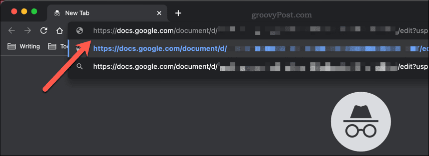 Вставка ссылки для обмена документами Google в адресную строку окна Google Chrome в режиме инкогнито