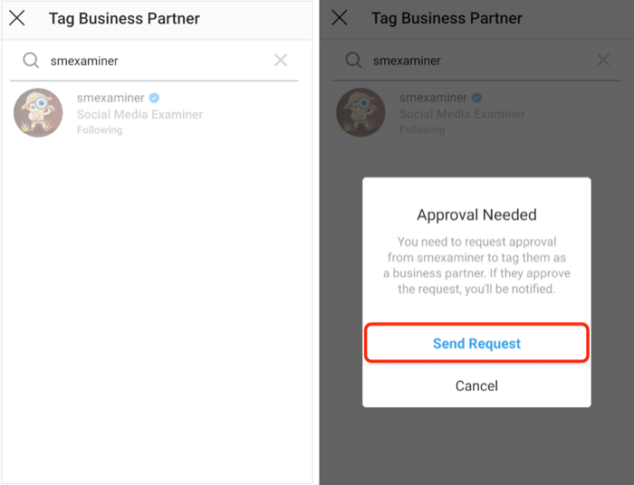 отправить запрос на согласование бизнес-партнеру в Instagram