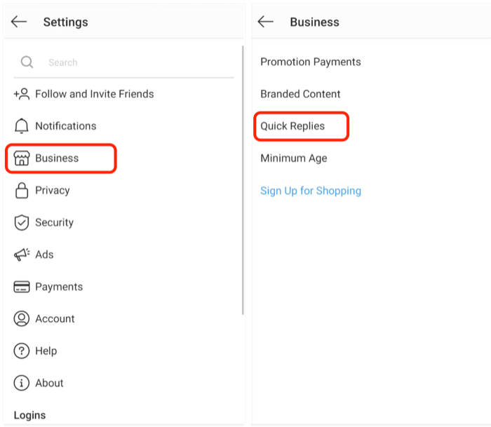 Возможность быстрых ответов в настройках бизнес-профиля Instagram