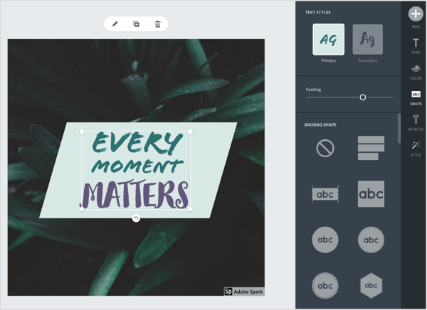 Перейдите на вкладку «Форма» в Adobe Spark и выберите любую форму, которую хотите использовать с текстом. 
