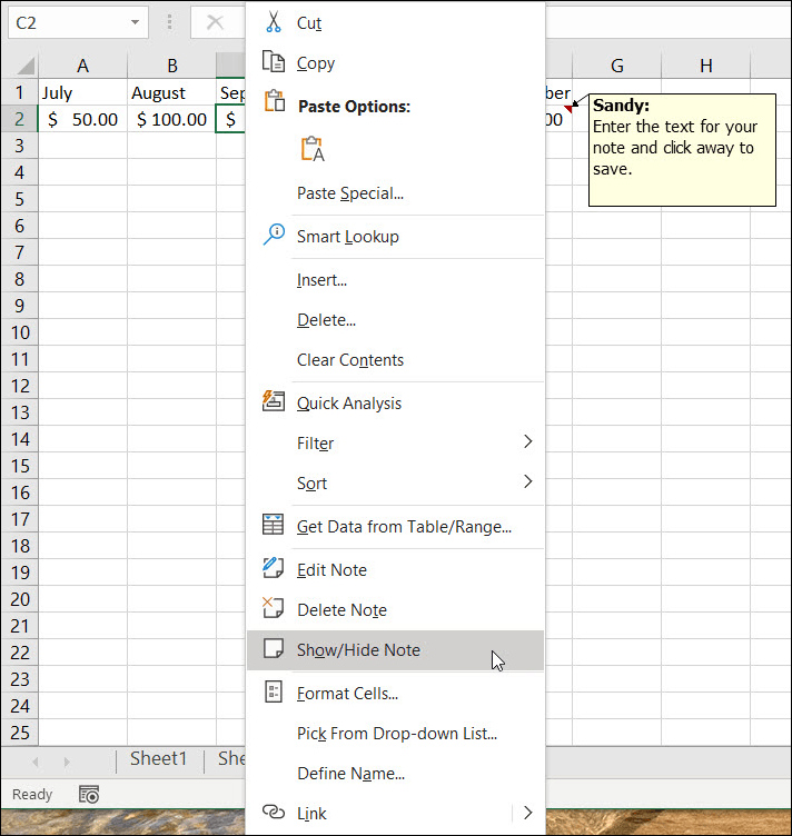 Показать или скрыть заметки в Excel