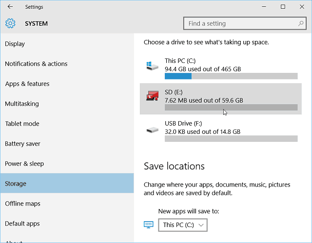Настройки хранилища Windows 10