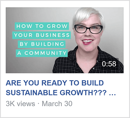 Чтобы преподавать в группе Facebook, Кейтлин Бачер делится видео, как это видео, с текстом «Как расти». Ваш бизнес, создавая сообщество и изображение Кейтлин с плеч вверх и лицом к лицу камера.