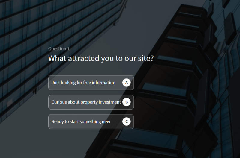 пример викторины на веб-сайте, используемой для отбора потенциальных клиентов на сайте обучающей фирмы по инвестициям в недвижимость
