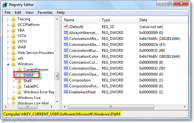 откройте ключ реестра dwm в windows 7