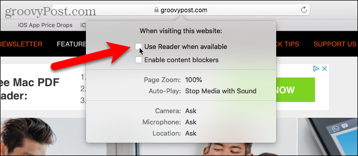 Отключите использование Reader, если оно доступно в Safari для Mac