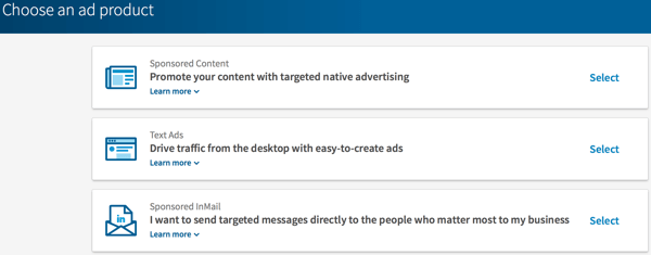 Выберите тип рекламы LinkedIn, которую вы хотите создать.