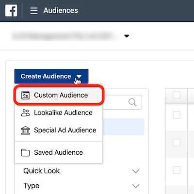 снимок экрана опции Custom Audience, обведенной красным в раскрывающемся меню Create Audience в Ads Manger