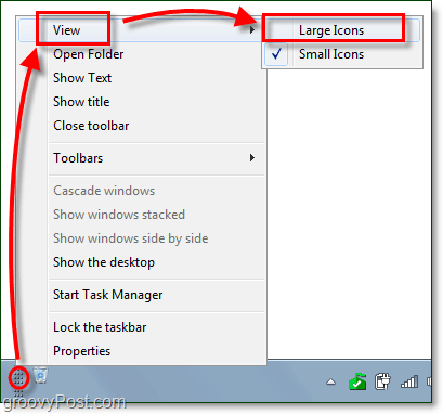 показать большие значки для панели инструментов панели задач в Windows 7