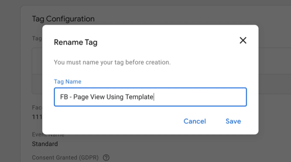 новый менеджер тегов Google новый тег с параметрами меню тега переименования с новым именем тега, введенным как 'fb - просмотр страницы с использованием шаблона'