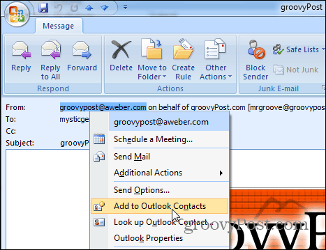 Добавить в контакты Outlook 2007