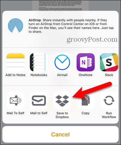 Нажмите Dropbox на странице «Поделиться» на iOS