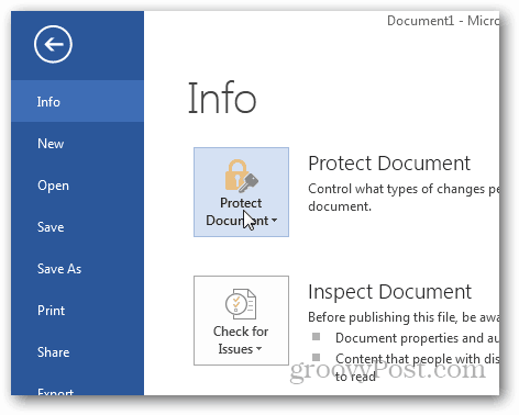 Защита паролем и шифрование документов Office 2013: нажмите «Защитить документ»